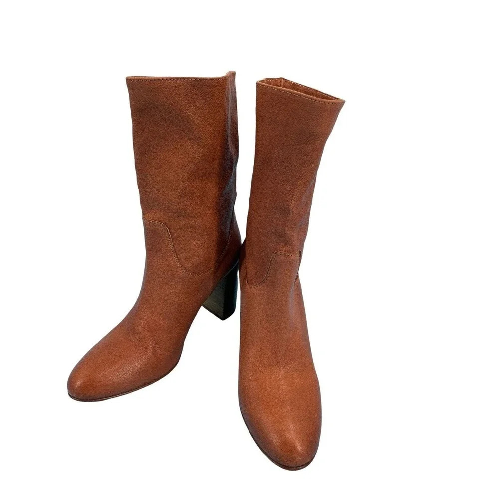Free People Boots Dakota Brown Leather Slouchy Mid Calf Stacked Heel Italy EU 37